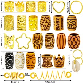 Fscwlmon 235 Pcs Hair Jewelry Hair Charms for Women Braids,Loc Jewelry for Hair Dreadlocks,Accessories Hair Decoration Cuffs Coils Rings Hair Beads Shell Pendants Wood-Like Beads for Women Men Golden