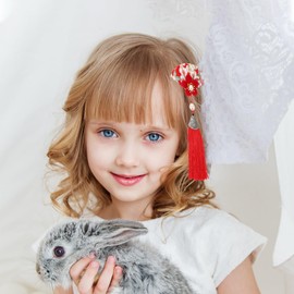 Housoutil Japanische Kimono-Haarspangen, 2 Stück, japanische Haarspange, Haarspangen in Form von Fan, Rot, Quaste, Kirschblüten