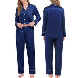 SWOMOG Couples Matching Pajamas Sets Silk Satin Long Sleeve Pj Set Soft Button Down Sleepwear 2 Pcs Loungewear Women Navy Blue Small