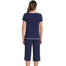 WiWi Viscose from Bamboo Pajamas for Women Soft Knit Capri Pants Pajama Sets Summer Pjs Sleepwear Comfy Lounge Set S-XXL, Navy, Medium