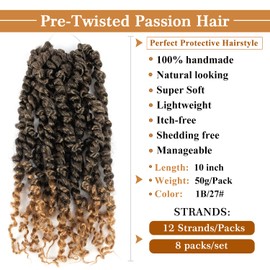 Passion Twist Hair 10 inch 8 packs Pretwisted Passion Twist Crochet Hair Pre-Looped Crochet Hair YDDM Passion Twist Braids Crochet Short Passion Twist Hair pretwisted Hair Extension (10 Inch, T1B/27)