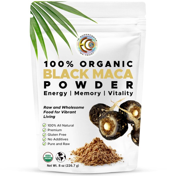 Ultra-Pure Organic Black Maca Root Powder | Raw | Natural Superfood Mix | Essential Vitamins, Minerals & Fatty Acids For Improved Energy | Libido | Enhanced Performance & Immune System Support - 8oz