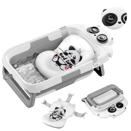 Collapsible Baby Bathtub for Newborn, Baby Bath Tub with Thermometer & Soft Floating Cushion & Drain Hole for Infant to Toddler, Portable Travel Bathtub with No-Slip Feet for 0-36 Months-Gray