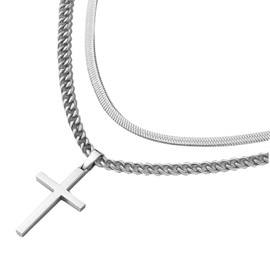 ALIDOU 2PCS Silver Cross Necklace for Men, Silver Crucifix Necklace for Men, Stainless Steel Pendant Cross Chain with Sturdy Cuban Chain, Layered Jewelry Style Mens Chains, Gift for Mens, Teen Boys