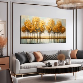 Large Size Canvas Painting Yellow Forest Theme Decorative Painting with Frame Can be Directly Hanging Wall Decorative Painting for Living Room Bedroom Office Room Decor Painting Artwork Size 24x48 IN