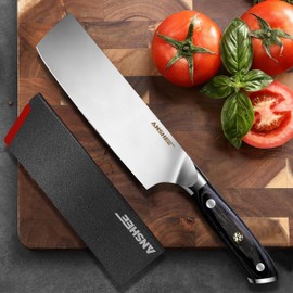7 Inch Nakiri Vegetable Cleaver Knife - Full Tang High Carbon Stainless Steel Professional Kitchen Knife with Sheath Gift Box , Ergonomic Handle for Meat, Vegetables (Home Cooks & Restaurants Use)