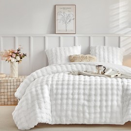 Lekesky Fluffy King Size Duvet Cover Sets Fluffy Bedding - Shaggy Faux Fur Bedding Sets King Size (1x Quilt Cover + 2x Pillowcases) Soft Warm Teddy Fleece Duvet Set 200x200 cm, White