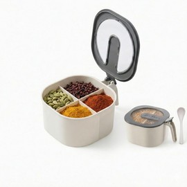Contenedor cocina Multiusos con 4 Compartimentos, Tapa Transparente, Incluye Cuchara, para Especias, Semillas y Cereales                              