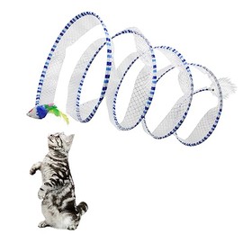 Andiker Cat Tunnel Toy, 10 Inch Foldable Metal Cat Feather Toy with Nylon Net, Feather, Mouse and Bell, Interactive Cat Toy for Indoor Cats (Blue)