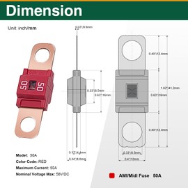 AMI/Midi Car Fuses 50 Amp High Current Fuse Bolt-on Fuse 50 A for Cars, Buses, Trucks, Construction Vehicles, Caravans, Passenger Cars, Electrocar Golf Cart (Pack of 3)