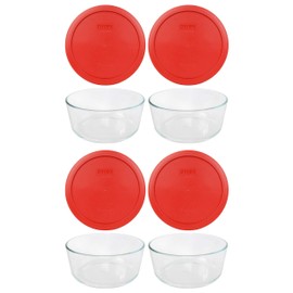 Pyrex (4 7203 7 Cup Glass Dishes & (4) 7402-PC 6/7 Cup Poppy Red Lids Made in the USA