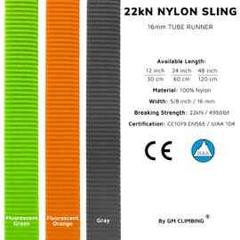GM CLIMBING One Unit 16mm Nylon Sling Runner 60cm / 24inch (Fluorescent Orange)