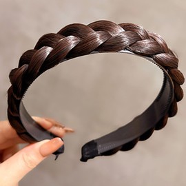 Denlydom Headband 3 Strands Synthetic Hair Plaited Headband Braid Braided With Teeth Hair Band Band Beauty accessory Stretch Braid Headbands Hairpiece for Women (Dark brown-3 Strands)