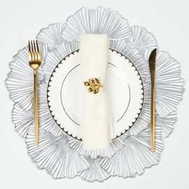 Evevda Silver Round Leaf Placemats, Hollow Vinyl Table Place Mats Set of 6 Waterproof Non Slip for Party Birthdays Weddings Centerpiece Dinners