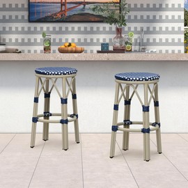 PURPLE LEAF Patio Round Counter Height Stool Set of 2 Outdoor Backless Barstools Aluminum Frame in Champagne Finish with NavyBlue & White Woven Rattan for Indoor Kitchen Dining Bistros Cafe Restaurant