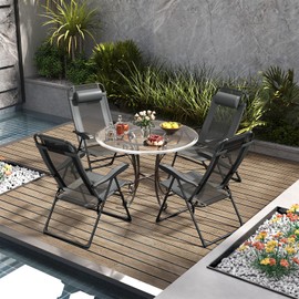 Giantex Set of 4 Patio Folding Chairs, Portable Outdoor Dining Chairs with 7-Level Adjustable Backrest, Headrest, Metal Frame, Outside Recliner for Front Porch Camping Picnic Lawn Garden, Dark Gray