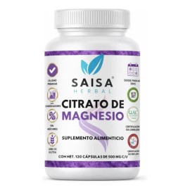 Citrato De Magnesio | 120 Cápsulas De 500 Mg C/u. | Suplemento Alimenticio | Alta biodisponibilidad | Saisa Herbal | Apoyo del sueño, energía, vitalid