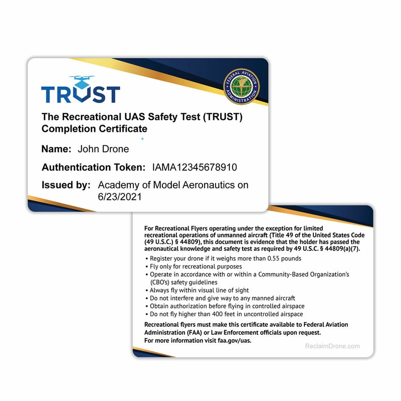 ReclaimDrone.com TRUST - Recreational UAS Safety Test Completion Certificate card