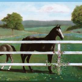 CONCORD WALLCOVERINGS Wallpaper Border Country Pattern Fence Horses for Cottage Farmhouse Living Room, Green Blue Gray, 15 ft by 9 in RU8243B