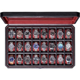 ROTHWELL 24 Slot Watch Case with Lock – Luxury Watch Box to Display and Organize Your Collection | Real Glass Top | Premium Storage for Collectors (Black/Red)