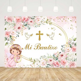 AIBIIN 7x5ft Pink Mi Bautizo Backdrop for Girls Baby Shower God Bless First Holy Communion Background Oval Mexican Baptism Party Flowers Decorations Banner Props