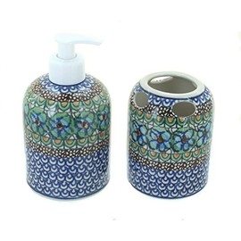 Blue Rose Polish Pottery Mardi Gras Soap Dispenser & Toothbrush Holder