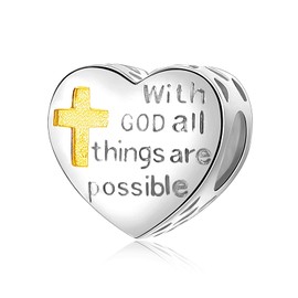 ORANGE FOREST 925 Sterling Silver Cross Charms for Charm Bracelets With God All Things Are Possible Religious Heart Beads Jewelry Gift for Women