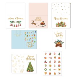 Tomkity 24 Christmas Cards Set A6 Folding Cards with 24 Red Envelopes and 24 Stickers in 1, Merry Christmas Envelope Glossy, Christmas Cards Craft Set