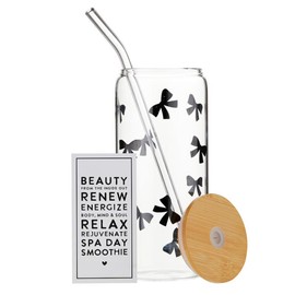 Bella Sleep + Spa Glass Tumbler With Lid and Straw Glass Cup With Bamboo Lid, 20-Ounce, Bows