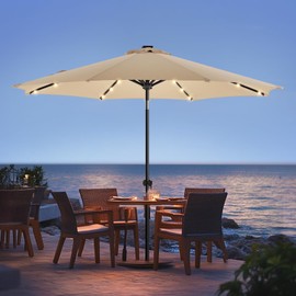 wikiwiki 10ft Solar Led Patio Umbrella, Sturdy Outdoor Market Umbrella for Deck, Pool, Garden w/Tilt, Crank, 32 LED Lights, Beige