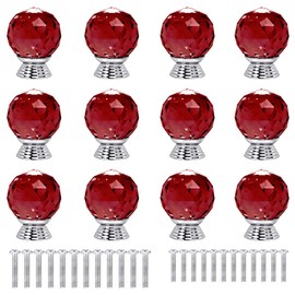 ANJUU 12 Pcs 30mm Round Shape Crystal Glass Cabinet Knobs with Screws Drawer Knob Pull Handle Used for Kitchen, Dresser, Door, Cupboard(Red)