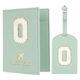 PATIKIL Passport Holder for Travel, Initial Passport Cover and Luggage Tag Set with Alphabet Chenille Letter Patch Travel Wallet Bag Suitcase Identifier for Women Family Travel Green O