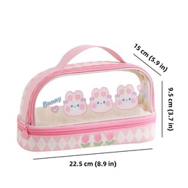 Bunny Pencil Pouch w/Handle Rabbit Kitten Bear Puppy Pen Case Cosmetic Bag Clear Case Transparent Waterproof (Bunny-Pink)