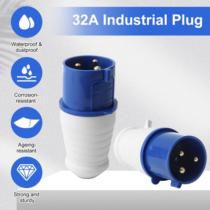 2PCS 32Amp Plug Socket,Industrial Plug 1-Phase 3 Pin Waterproof IP44