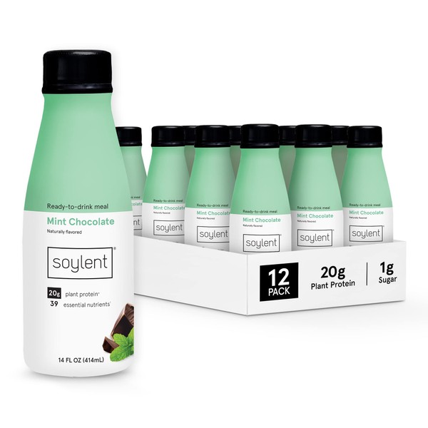 Soylent Mint Chocolate Meal Replacement Shake, Ready-to-Drink Plant Based Protein Drink, Contains 20g Complete Vegan Protein and 1g Sugar, 14oz, 12 Pack
