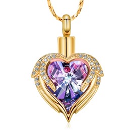 Minicremation Stainless Steel Urn Necklace Angel Wing Heart Pendant for Ashes for Women Memorial Human Ashes, Stainless steel zirconia stone, Zircon Diamond Amber