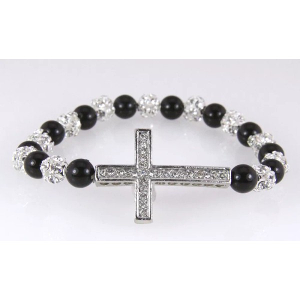 Unbranded 4030416 Christian Cross Stretch Bracelet Black Onyx Clear Crystal