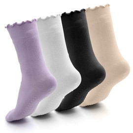 ZOCONE 4 Pairs Pilates Non Slip Socks, Grip Socks Pilates Socks Non Slip Women for Ballet Barre Dance Home | Frilly Yoga Socks for Women Non Slip UK Size 3-7 (4 Color)