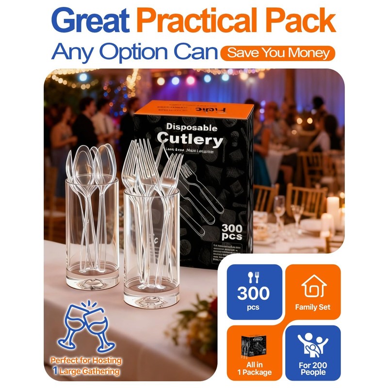 300 Count Heavy Duty Plastic Silverware, Heat Resistant Disposable Forks