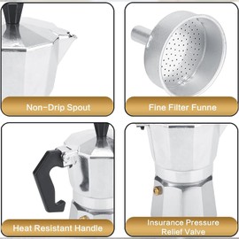 VASA NAMA 6 Tazas Pequeñas Cafetera Italiana Moka Espresso, Cafetera Espresso de Aluminio para Café, Italiana Cafetera Percolator de Espresso, Olla octogonal de aluminio pulido a mano（300ML）