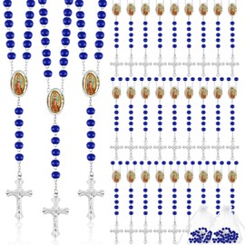 36 Pcs Wooden Bead Rosary Necklace with Crucifix and Our Lady of Guadalupe Scented First Communion Rosary with 36 Organza Bags Baptism Favors Catholic Gift for Men Women(Blue)
