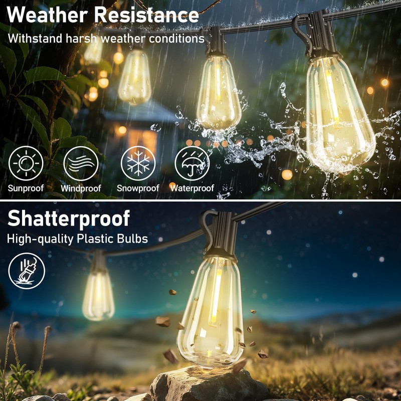 100FT Outdoor Solar String Lights with Remote, USB Rechargeable LED