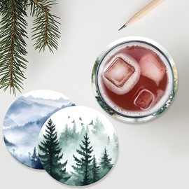 ANATTASOUL 9 Pcs Watercolor Forest Mountain Pattern Wood Coasters, 10cm Art Round Coasters Craft Supplies for Drinks Absorbent Kitchen Dining Room Decoration