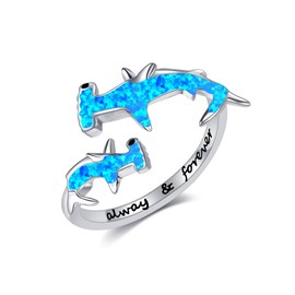 UCADRIT Hammerhead Shark Ring 925 Sterling Silver Opal Adjustable Shark Rings Animal Jewelry Present for Women, Sterling Silver, No Gemstone