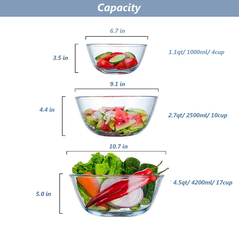 WhiteRhino Glass Mixing Bowls Glass Bowls with Lids Set(4.5QT,2.7QT, 1.1QT),Large