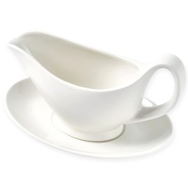 Dinnerlit Gravy Boat with Saucer - 16oz Fine Porcelain Sauce & Salad Dressing Boat (White)