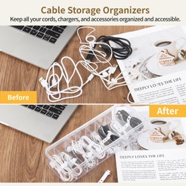 3 Pcs Cable Storage Organizers, Clear Cord Organizer Boxes with Lids & Detachable Dividers, Cable Storage Boxes with 10 Cable Ties, Transparent Electronics Charger Storage for Home Office