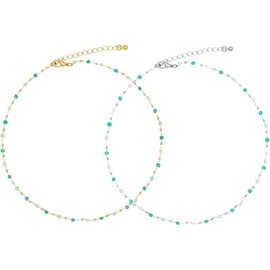 2pc Bohemia Choker Necklace Women Teen Girls Square Green Beaded Necklace Women Matching Jewelry Summer Beach Prom Party Holiday (Gold+Silver, One Size)