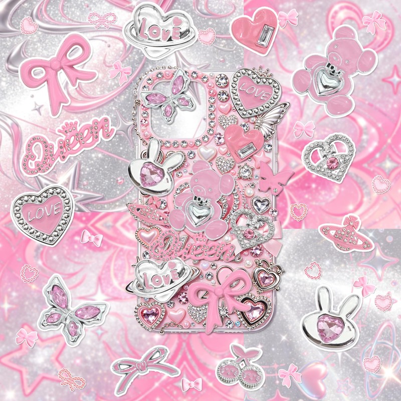 Sliver Pink Junk Case Charms with Bedazzled Kit Y2K Junk