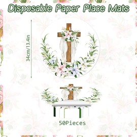 Easter Paper Placemats Disposable 50 Pack Cross Flowers Place Mats 13.4 Inch Round Decorative Spring Lily Flowers Table Mats for Dinner Table Setting Holiday Spring Party Supplies
